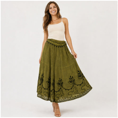 HS Rok Handmade in India - Meerdere Kleuren - Olijfgroen - op model
