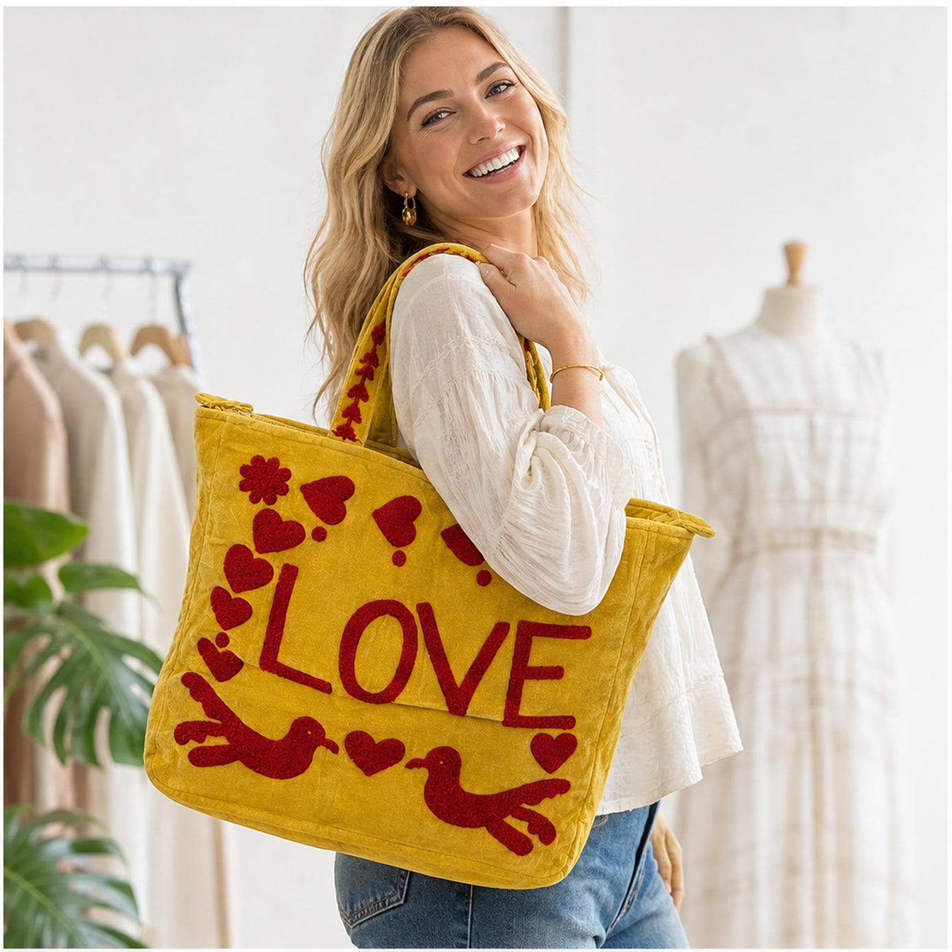 HS Velvet Tas Love Peace Geel - gedragen op model