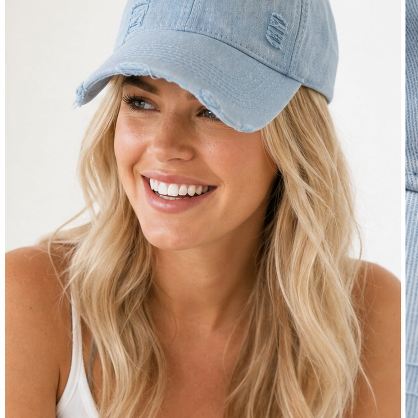 HS petje Lichtblauw Distressed - gedragen op model