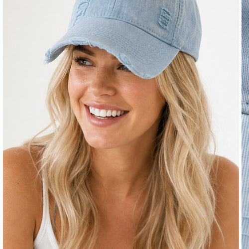 HS petje Lichtblauw Distressed - gedragen op model