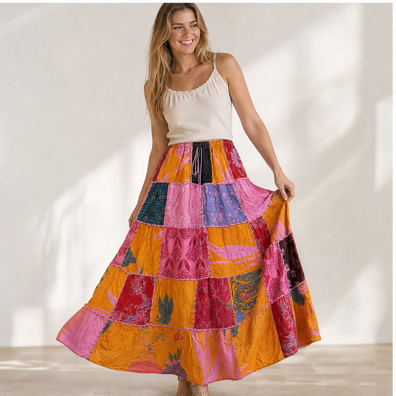 HS Rok Patchwork - Handmade in India - Roze/Oranje Patchwork - op model