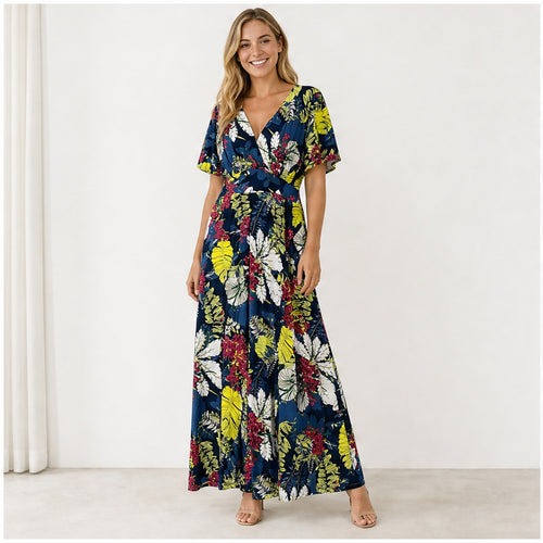 Jimi Fei Paris Navy Geel Roze Bloemenprint - op model