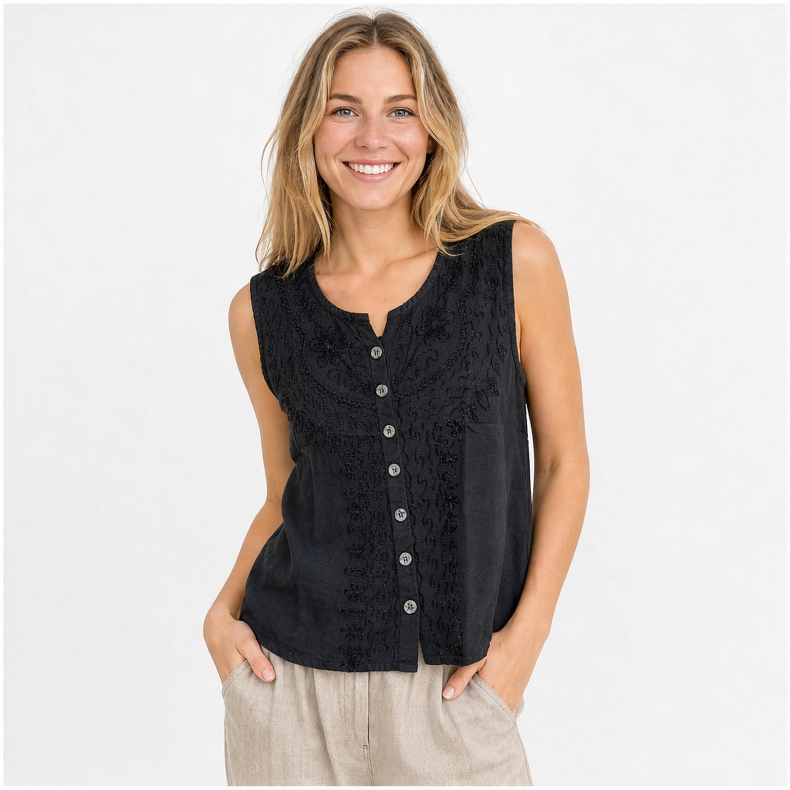 HS Mouwloos Shirt - Meerdere Kleuren - Zwart Borduursel - op model