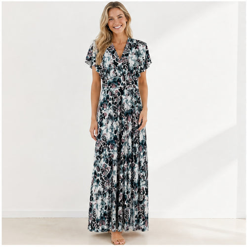 Jimi Fei Paris Zwart Wit Teal Bloemenprint - op model