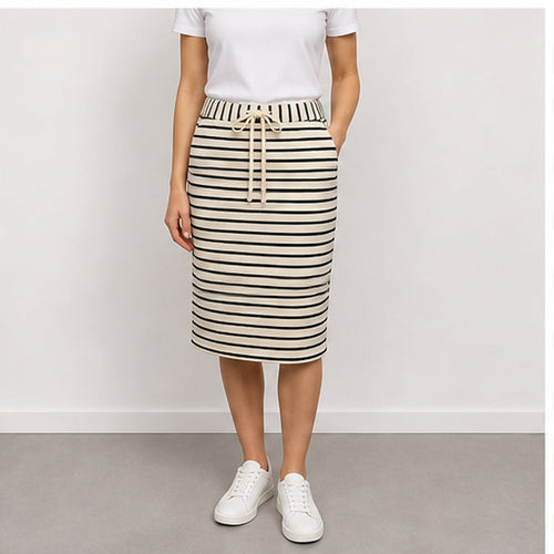 MOOIJ Rok Zachte Stof - Creme Zwart Gestreept - MODEL_FRONT