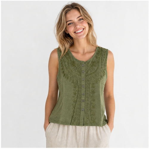 HS Mouwloos Shirt - Meerdere Kleuren - Lichtgroen Borduursel - op model
