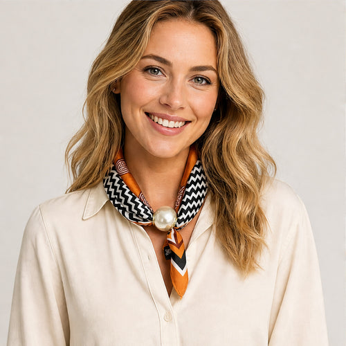 HS Parelsjaal - Meerdere Prints - Oranje Zwart Zigzagprint - gedragen op model