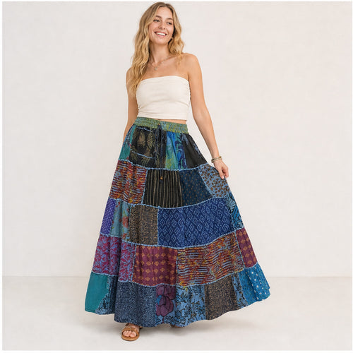 HS Rok Patchwork - Handmade in India - Blauw/Groen Multicolor Patchwork - op model