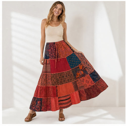 HS Rok Patchwork - Handmade in India - Rood/Roze Patchwork - op model