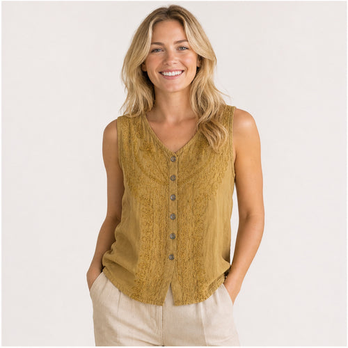 HS Mouwloos Shirt - Meerdere Kleuren - Okergeel Borduursel - op model