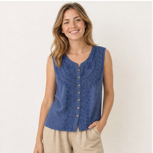 HS Mouwloos Shirt - Meerdere Kleuren - Denimblauw Borduursel - op model
