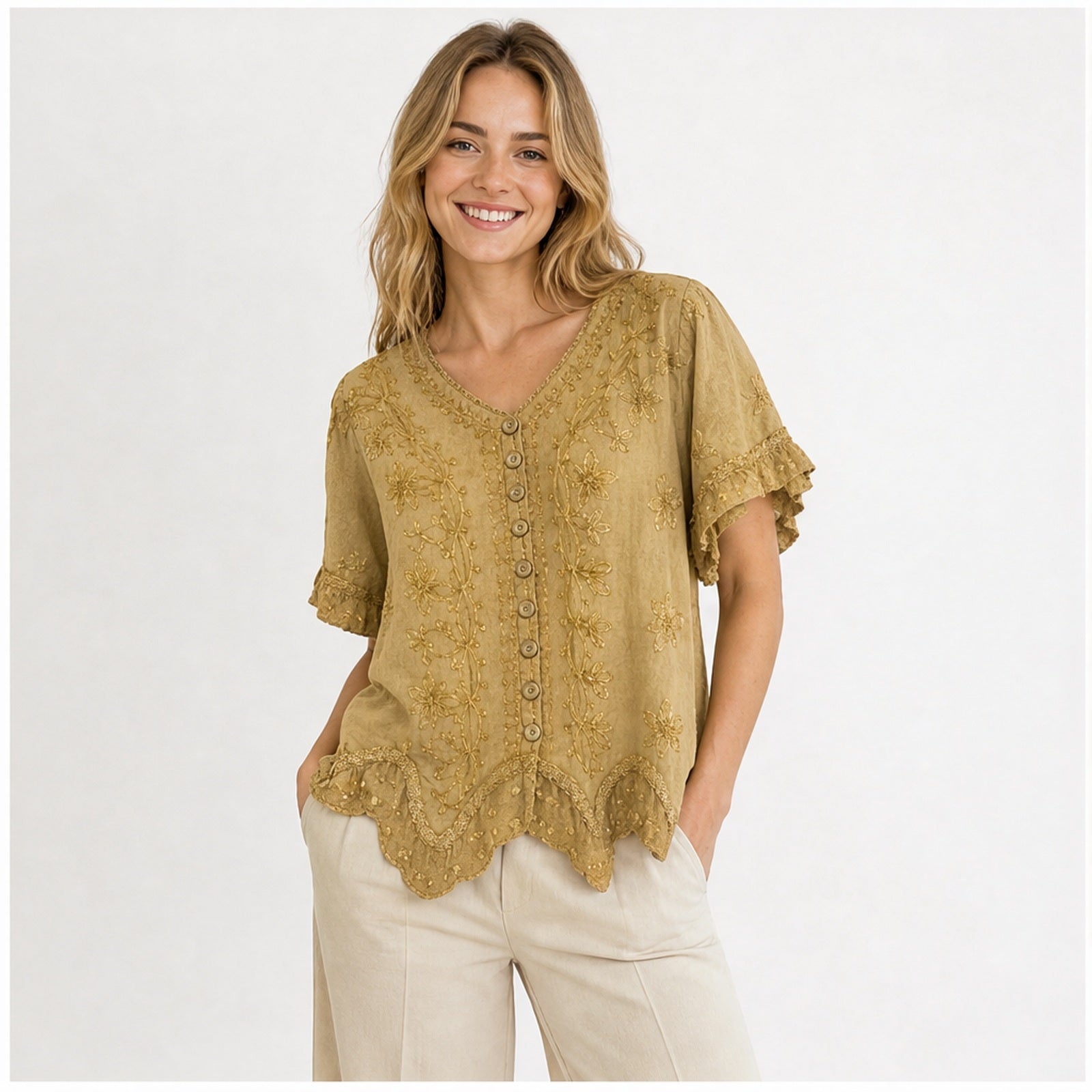 HS Top - Meerdere Kleuren - Camel Borduursel - op model