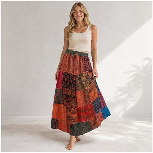 HS Rok Patchwork - Handmade in India - Rood/Oranje Patchwork - op model