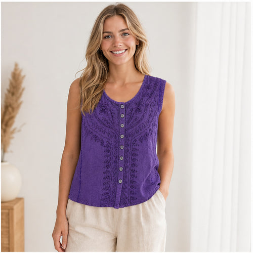 HS Mouwloos Shirt - Meerdere Kleuren - Paars Borduursel - op model