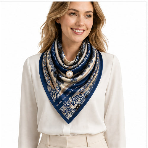 HS Parelsjaal Groot - Blauw Paisley Randprint - gedragen op model