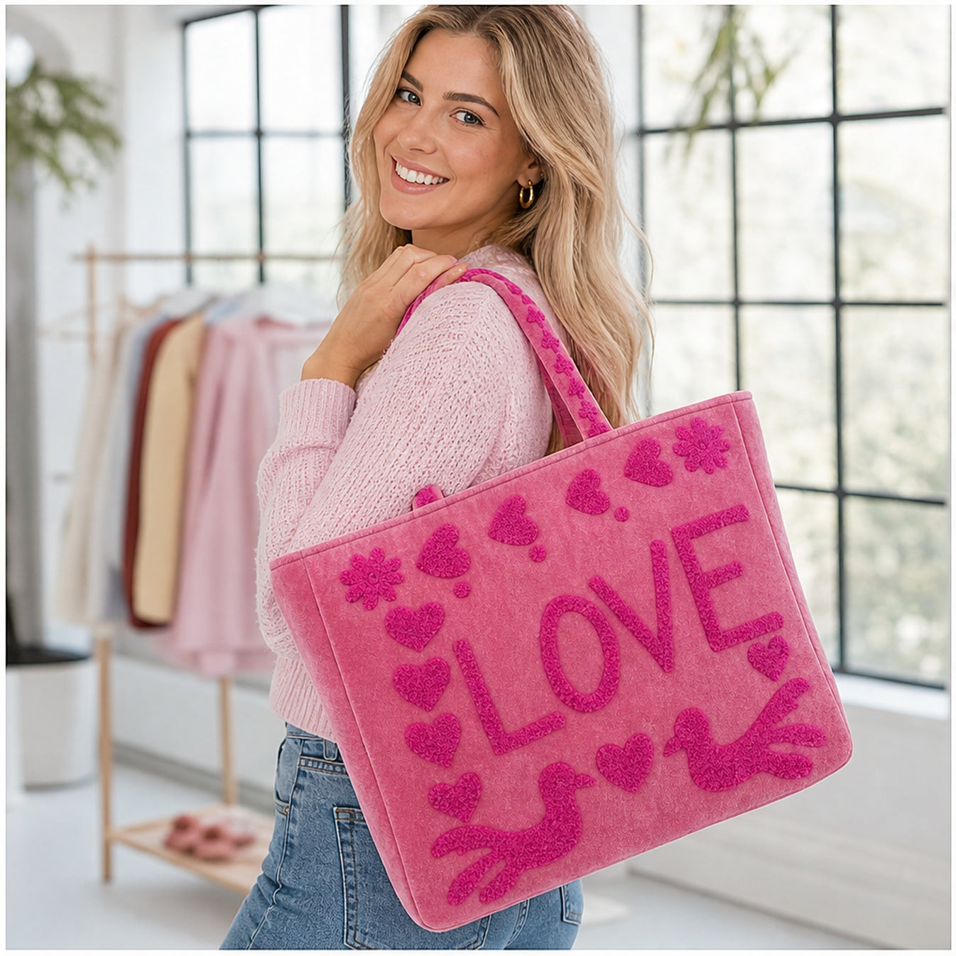 HS Velvet Tas Love Peace Fuchsia - gedragen op model