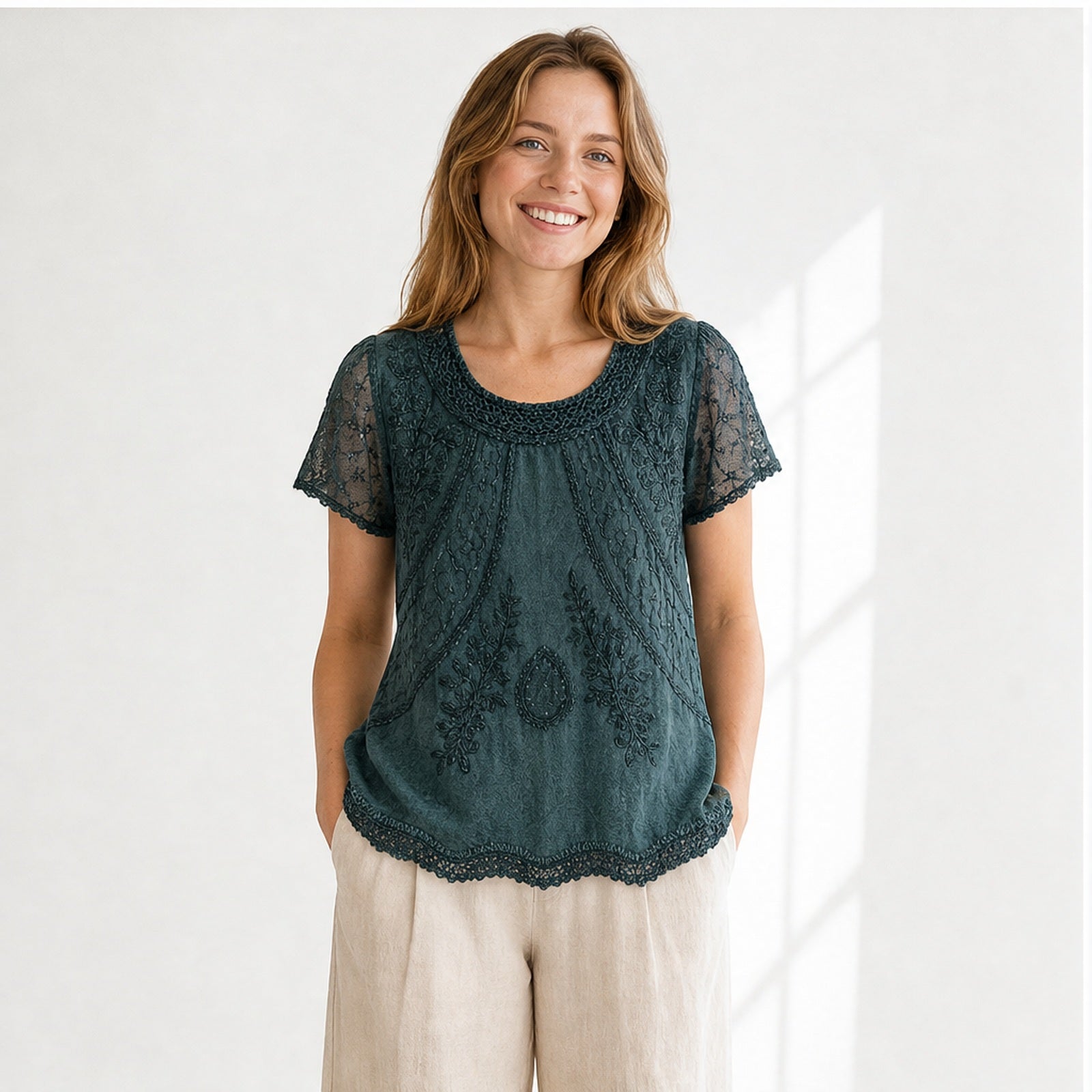 HS Shirt - Meerdere Kleuren - Petrolgroen Borduursel - op model