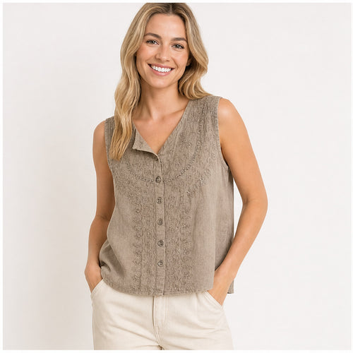 HS Mouwloos Shirt - Meerdere Kleuren - Taupe Borduursel - op model