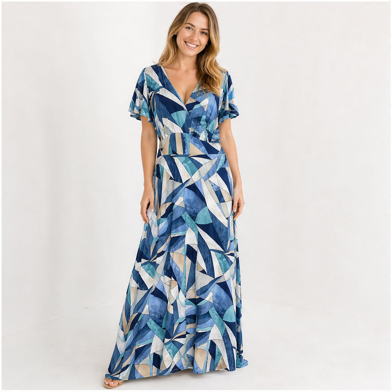 Jimi Fei Paris Blauw Creme Geometrisch - op model