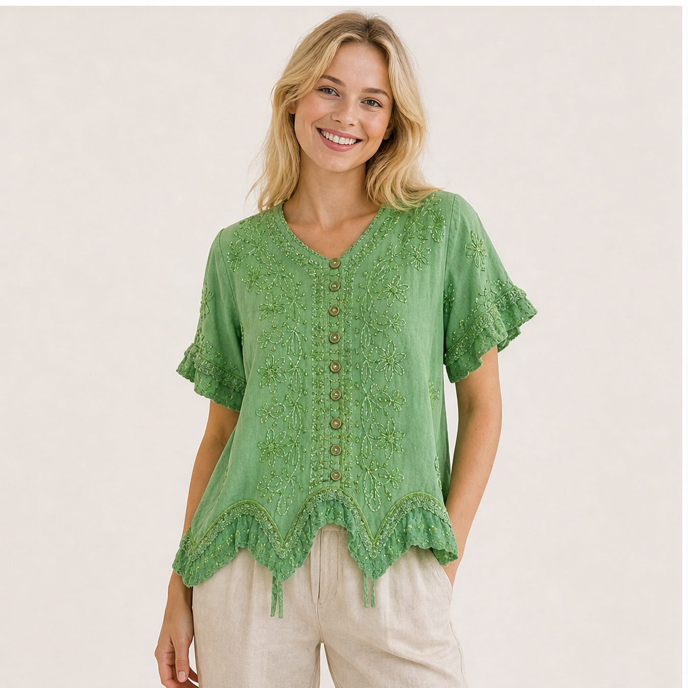 HS Top - Meerdere Kleuren - Mintgroen Borduursel - op model