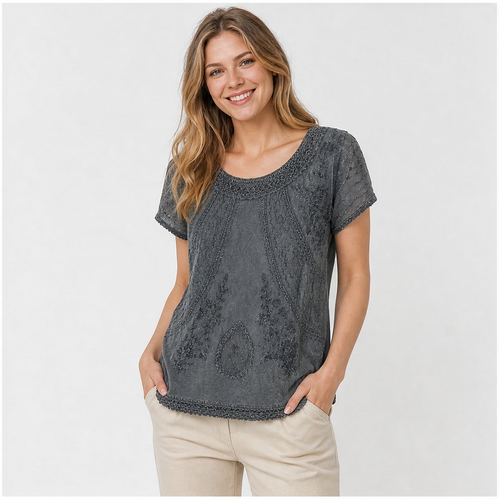 HS Shirt - Meerdere Kleuren - Grijsblauw Borduursel - op model