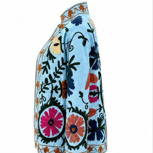HS Luchtige Katoenen Damesjas Folklore Print - Lichtblauw Bohemian Print - rechter zijaanzicht