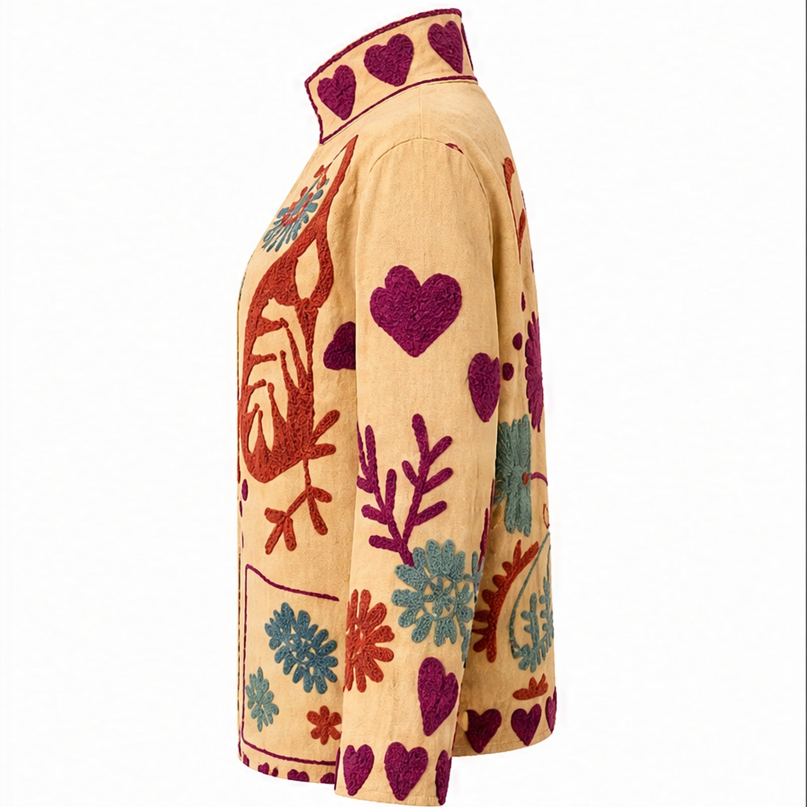 HS Luchtige Katoenen Damesjas Folklore Print - Creme Kleurrijke Bloemenprint - rechter zijaanzicht