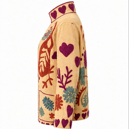 HS Luchtige Katoenen Damesjas Folklore Print - Creme Kleurrijke Bloemenprint - rechter zijaanzicht