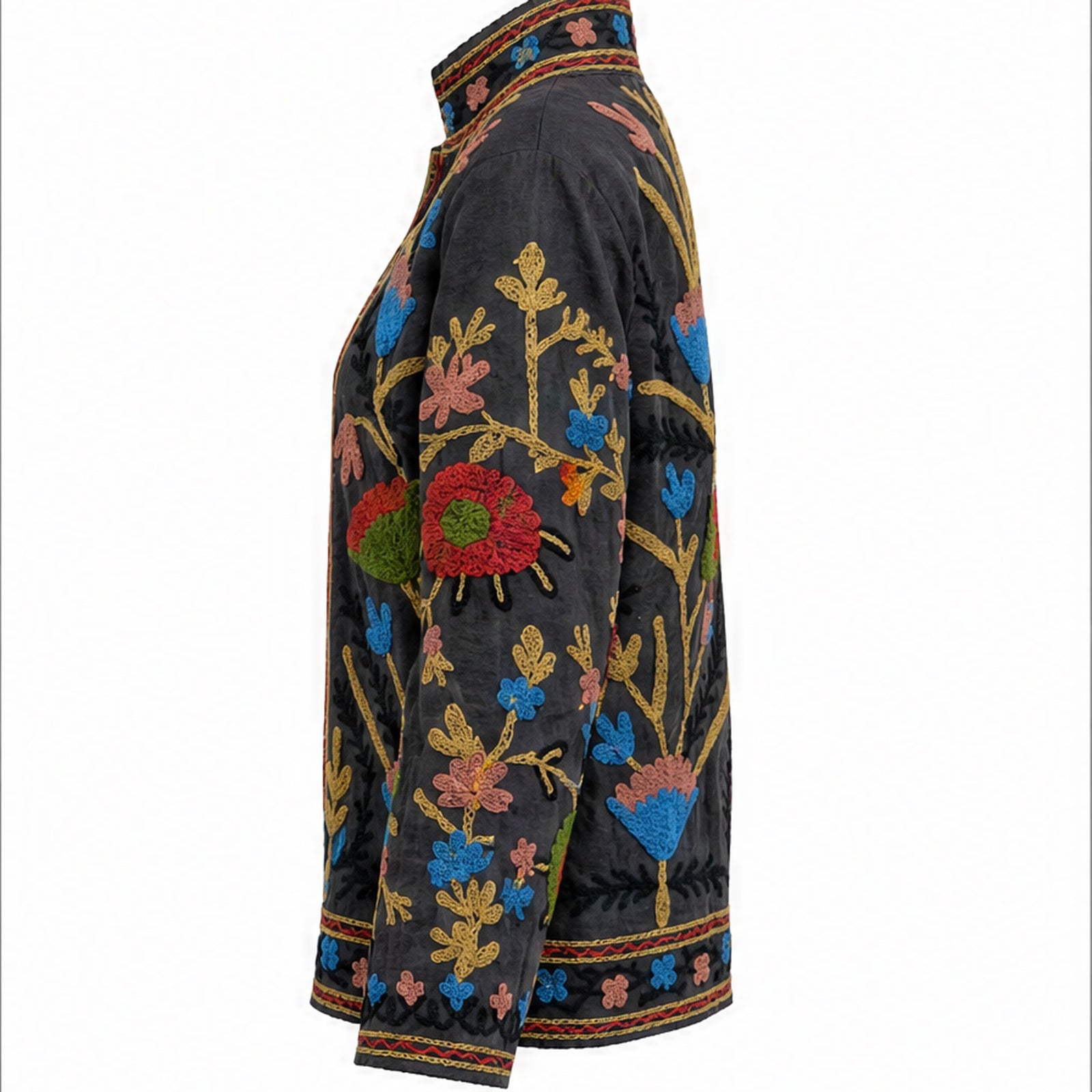HS Luchtige Katoenen Damesjas Border Print - Zwart Folklore Print - rechter zijaanzicht