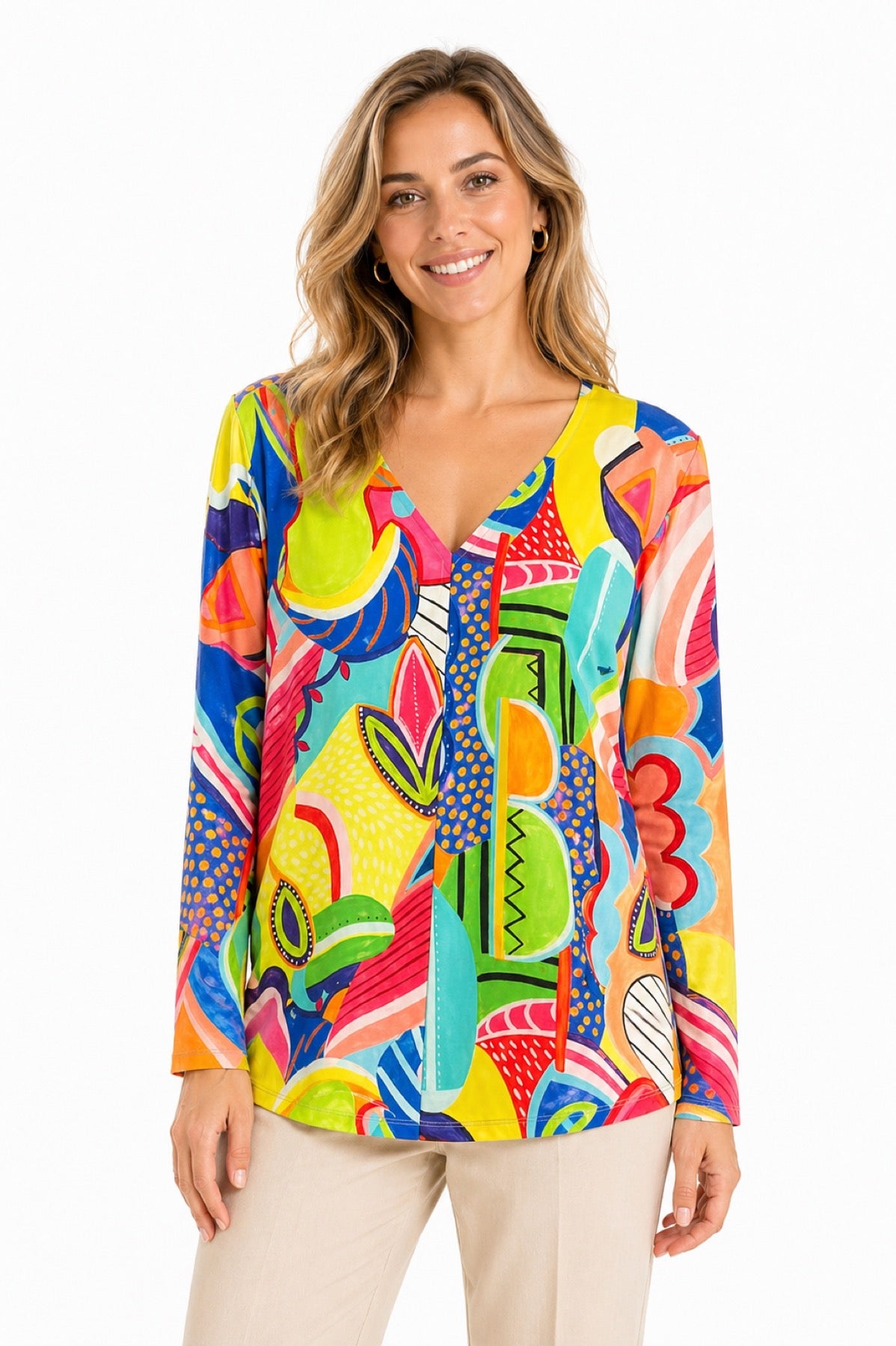 Joy blouse abstracte print - Op model vooraanzicht
