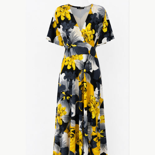 Jimi Fei Paris Maxi Jurk Dames - One Size - Geel Grijs Bloemenprint - front