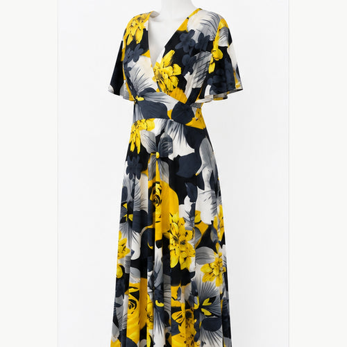Jimi Fei Paris Maxi Jurk Dames - One Size - Geel Grijs Bloemenprint - side