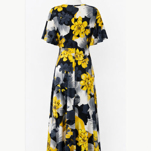 Jimi Fei Paris Maxi Jurk Dames - One Size - Geel Grijs Bloemenprint - back