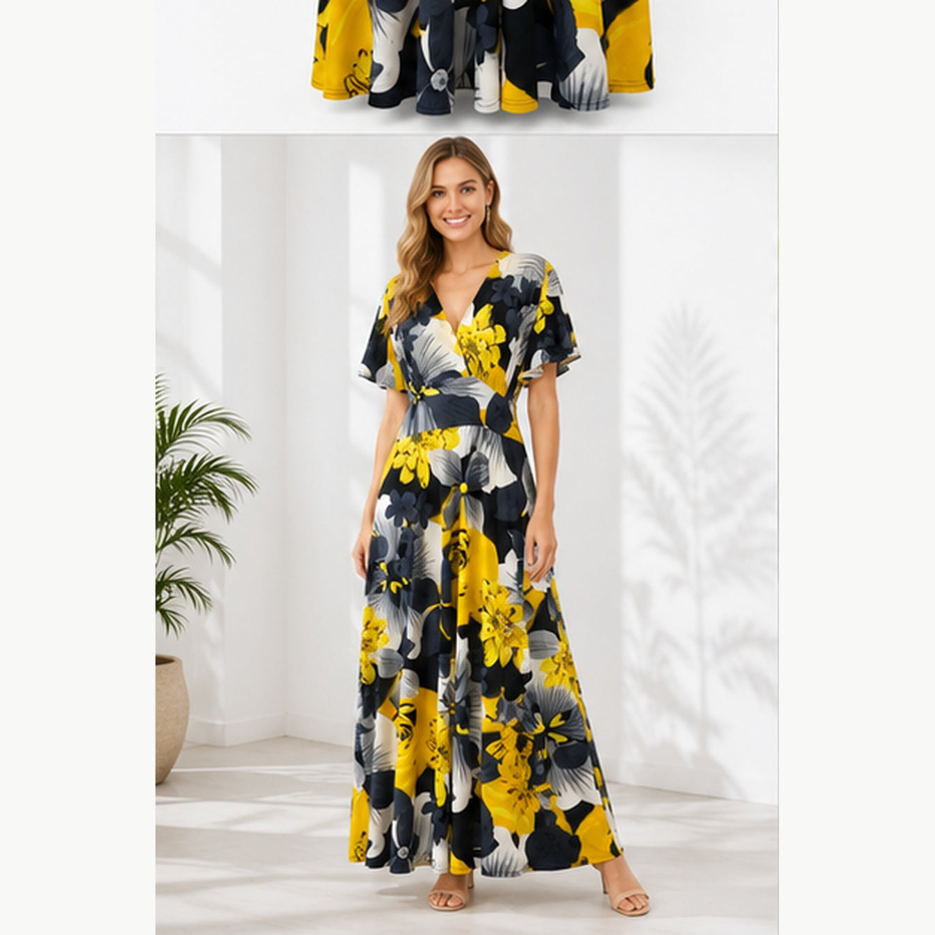 Jimi Fei Paris Maxi Jurk Dames - One Size - Geel Grijs Bloemenprint - on model