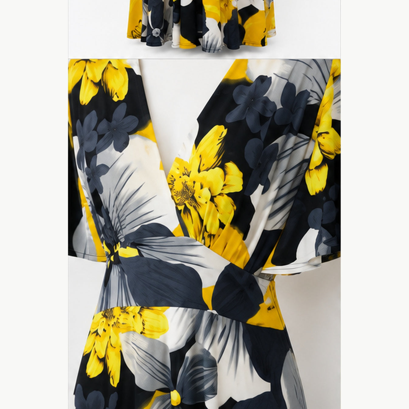 Jimi Fei Paris Maxi Jurk Dames - One Size - Geel Grijs Bloemenprint - detail