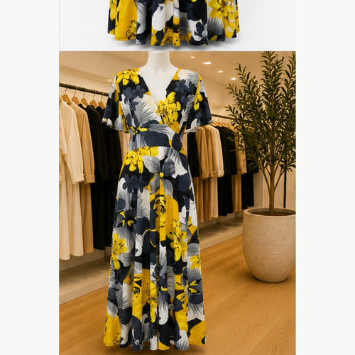 Jimi Fei Paris Maxi Jurk Dames - One Size - Geel Grijs Bloemenprint - in setting
