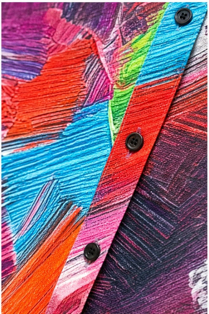 Vegas blouse multicolor/roze/rood/turquoise/groen - Detail stof, print en knopen