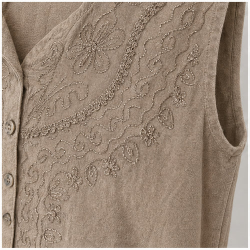 HS Mouwloos Shirt - Meerdere Kleuren - Taupe Borduursel - detail van stof, borduursel en mouw