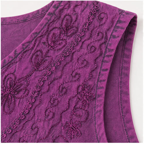 HS Mouwloos Shirt - Meerdere Kleuren - Magenta Borduursel - detail van stof, borduursel en mouw