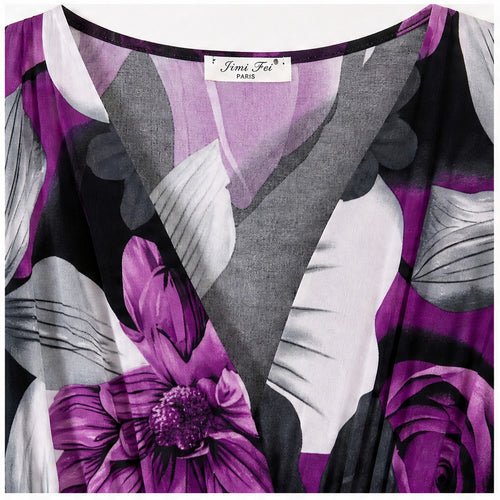 Jimi Fei Paris Zwart Paars Bloemenprint - detail hals en print