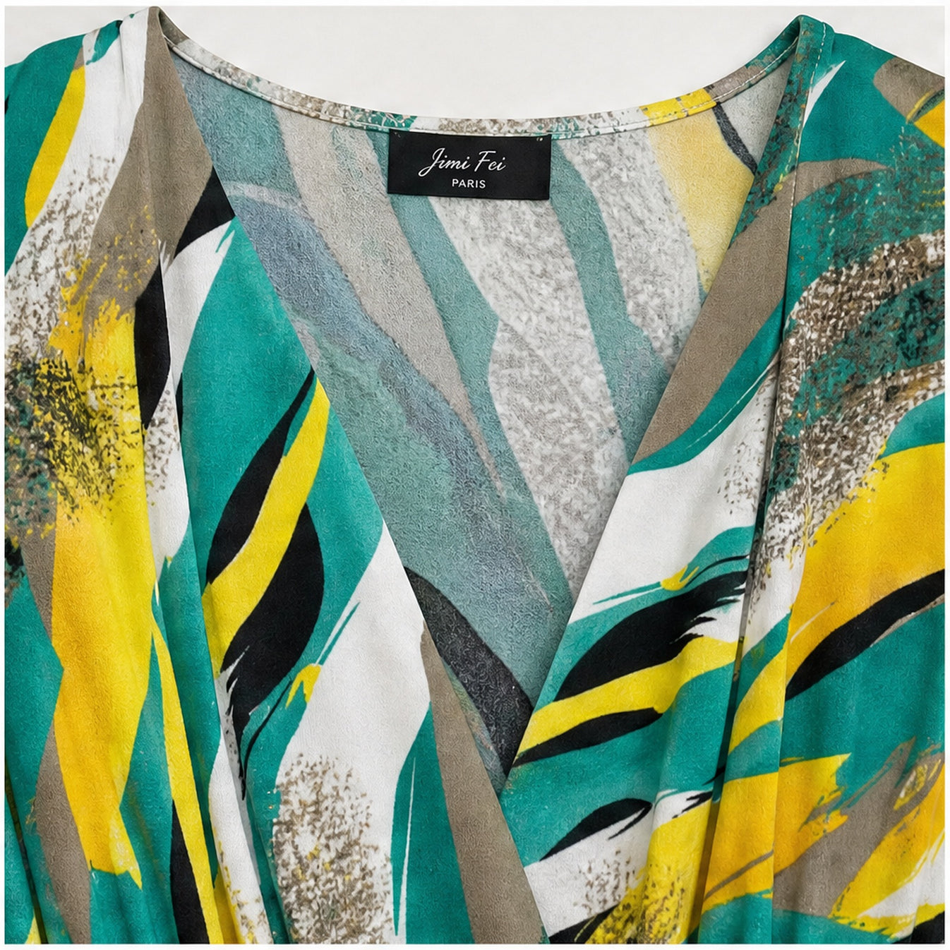 Jimi Fei Paris Groen Geel Teal Abstract - detail hals en print