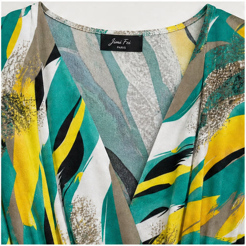 Jimi Fei Paris Groen Geel Teal Abstract - detail hals en print