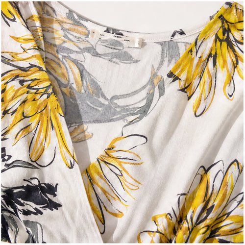 Jimi Fei Paris Wit Geel Zwart Bloemenprint - detail hals en print