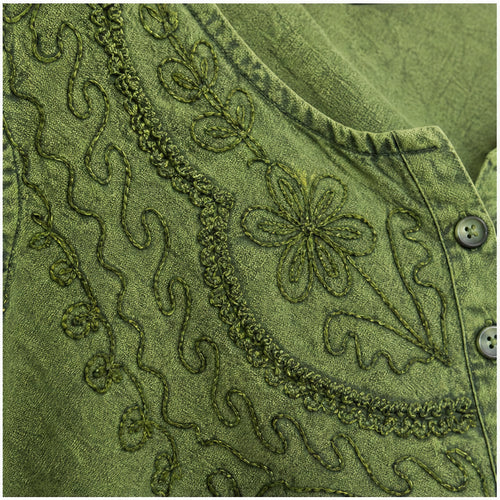 HS Mouwloos Shirt - Meerdere Kleuren - Olijfgroen Borduursel - detail van stof, borduursel en mouw