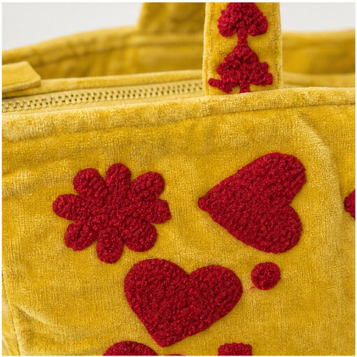 HS Velvet Tas Love Peace Geel - detail van velvet en afwerking