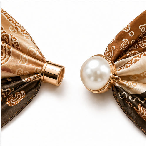 HS Parelsjaal Groot - Camel Bruin Chainprint - detail van stof, parel en magneetsluiting
