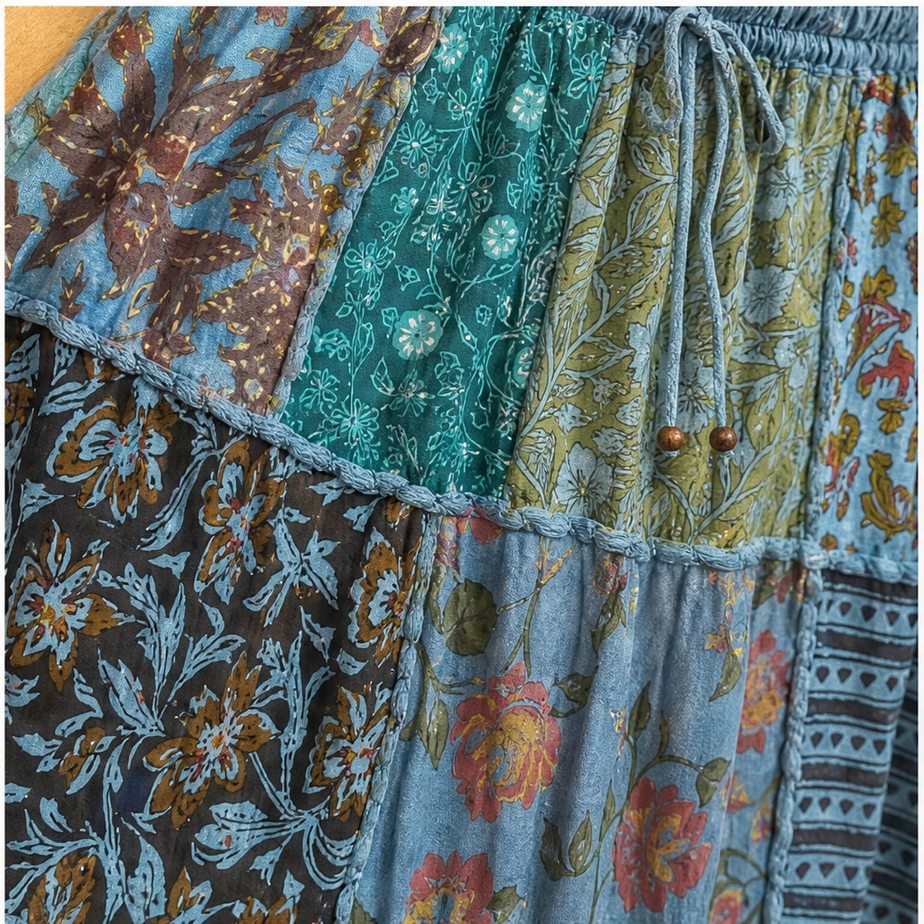 HS Rok Patchwork - Handmade in India - Blauw/Groen Patchwork - patchwork detail