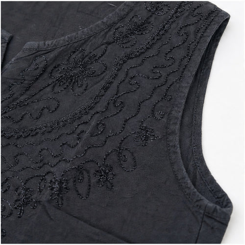 HS Mouwloos Shirt - Meerdere Kleuren - Zwart Borduursel - detail van stof, borduursel en mouw