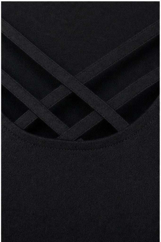 Signature top zwart - Detail stof, print en knopen
