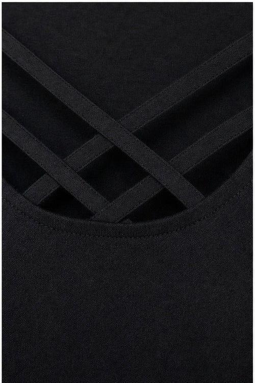 Signature top zwart - Detail stof, print en knopen